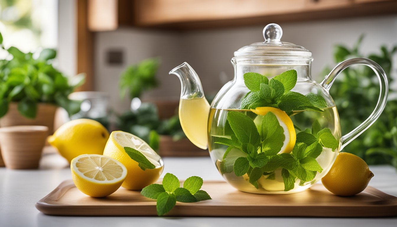 A glass teapot of vibrant green lemon balm tea surrounded by fresh leaves and lemon slices in a bright, airy kitchen with potted plants