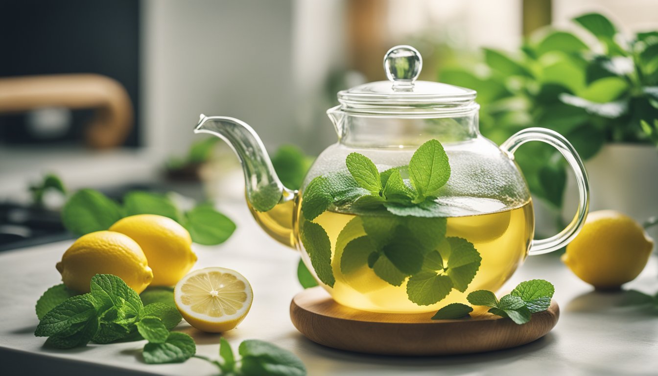 A glass teapot of vibrant lemon balm tea sits among fresh leaves and lemon slices in a bright, airy kitchen with potted plants, evoking relaxation