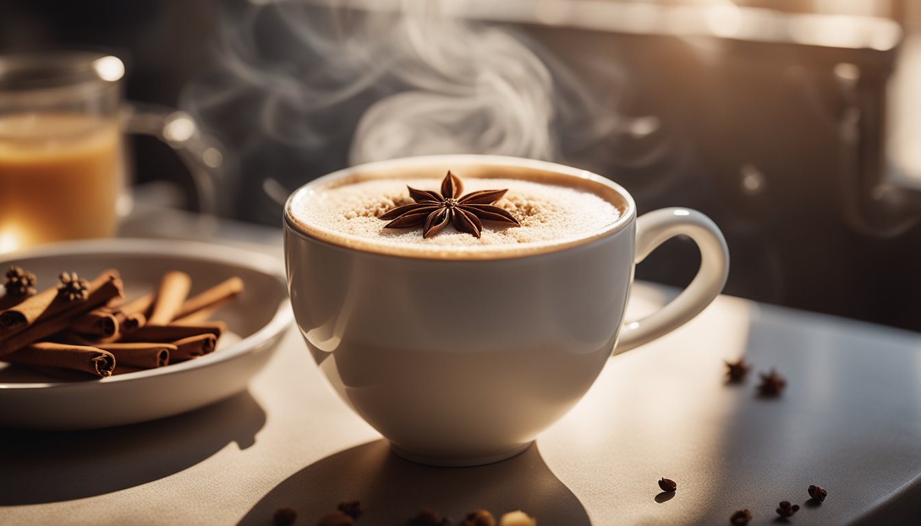 A steaming chai tea latte with frothy top, cinnamon, and star anise sits in a cozy kitchen, surrounded by ingredients and bathed in sunlight from a sunny window