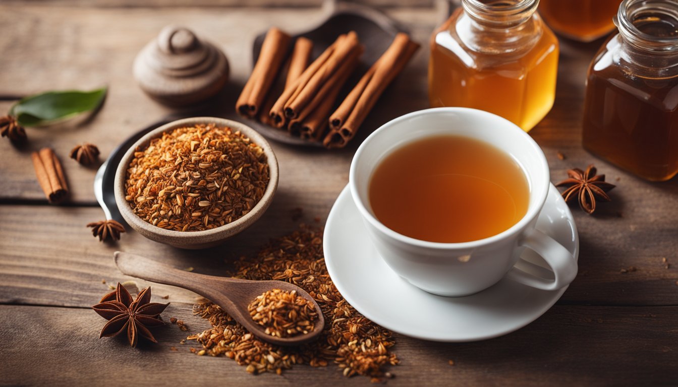 A rustic table displays rooibos tea, leaves, cinnamon, and honey in a cozy kitchen, highlighting its antioxidant-rich, caffeine-free properties