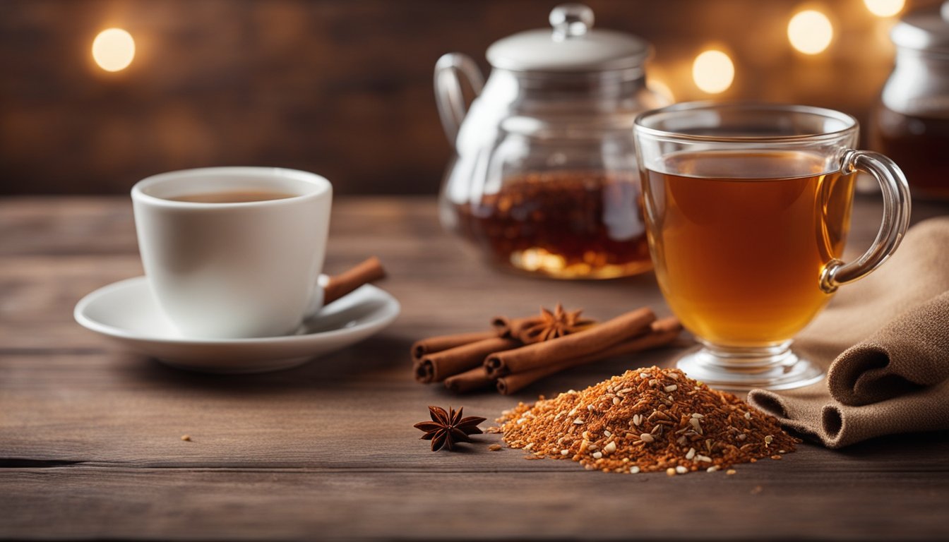 A rustic table with rooibos tea, cinnamon, and honey. Cozy kitchen background