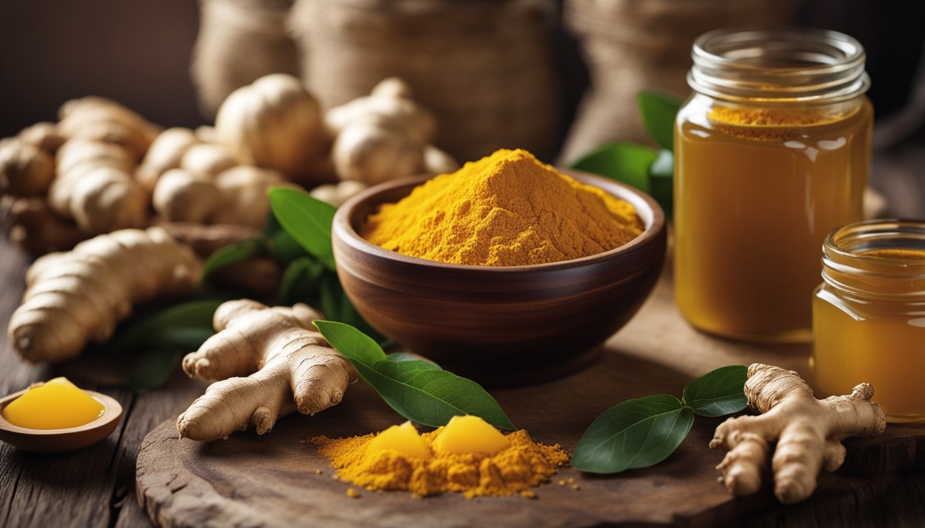 Fresh ginger and turmeric on a wooden table, with bowls of powdered herbs and a jar of honey. Sunlight streams through a window, highlighting their anti-inflammatory properties