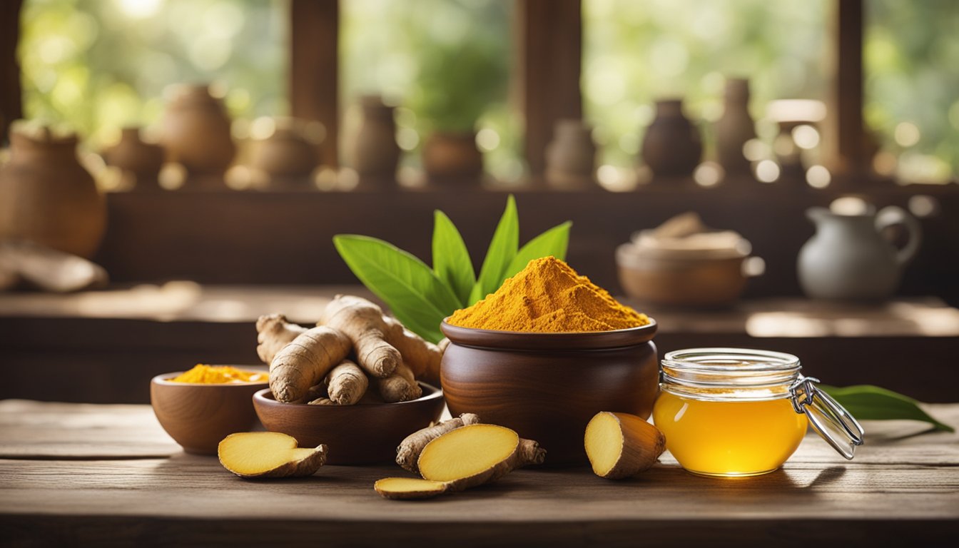 Fresh ginger and turmeric on wooden table in rustic kitchen. Sunlight streams in, highlighting anti-inflammatory properties. Bowls of powdered herbs and jar of honey also present