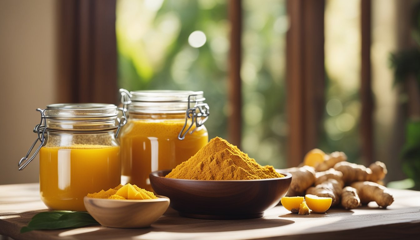 Fresh ginger and turmeric on a wooden table, with bowls of powdered herbs and a jar of honey. Sunlight streams through a window, highlighting their anti-inflammatory properties