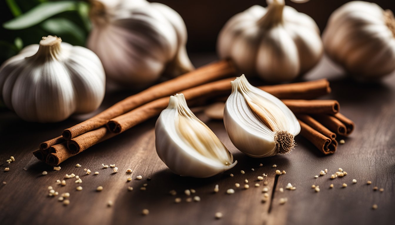 Fresh garlic and cinnamon on a cutting board in a warm, well-lit kitchen, promoting their anti-inflammatory benefits