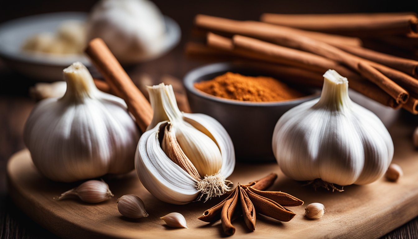 Fresh garlic and cinnamon on a wooden board in a warm kitchen, emphasizing their health benefits for reducing inflammation