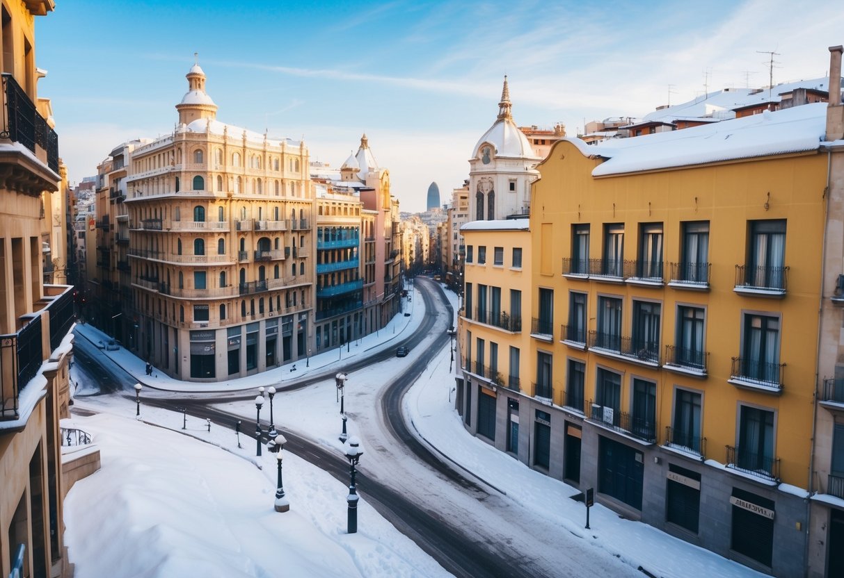 Strade coperte di neve di Barcellona in inverno, con edifici colorati, vicoli tortuosi e una vista sull'architettura iconica della città