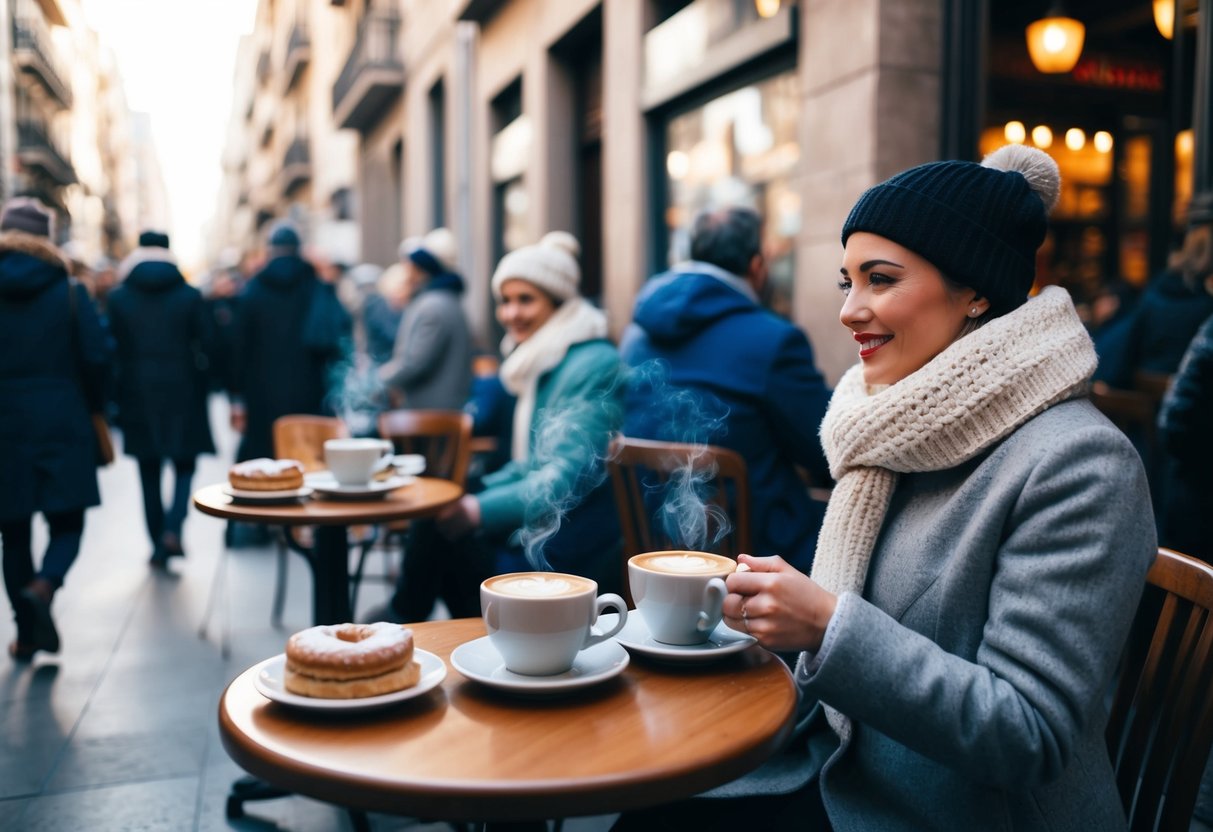 Un caffè accogliente nell'inverno di Barcellona, con tazze di caffè fumanti e dolci caldi sui tavoli, mentre le persone passeggiano in cappotti invernali.