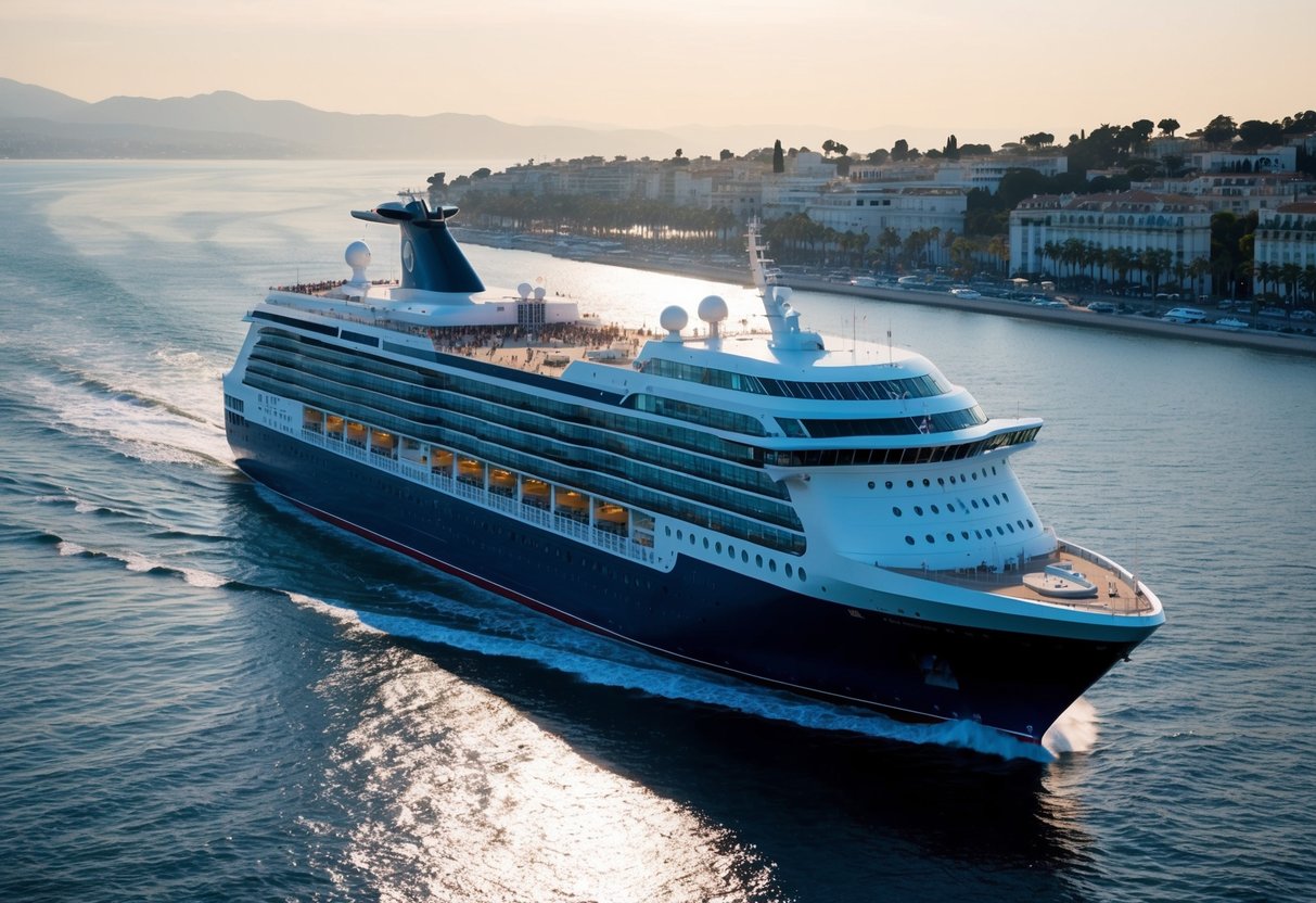Una nave da crociera scivola attraverso le acque scintillanti di Cannes, con l'iconica costa e le palme sullo sfondo.