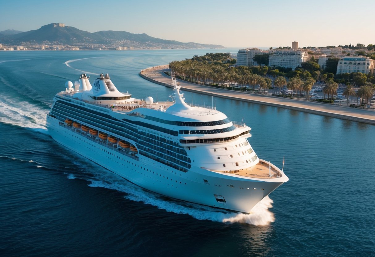 Una lussuosa nave da crociera scivola attraverso le acque scintillanti di Cannes, con la iconica costa e le palme sullo sfondo.