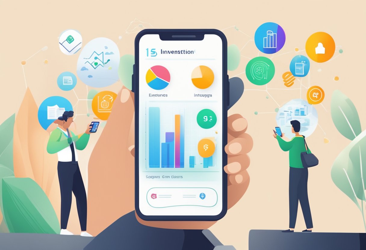 Melhores Apps para investir. Uma pessoa usando um smartphone para explorar diferentes aplicativos de investimento, com uma interface amigável e educativa.