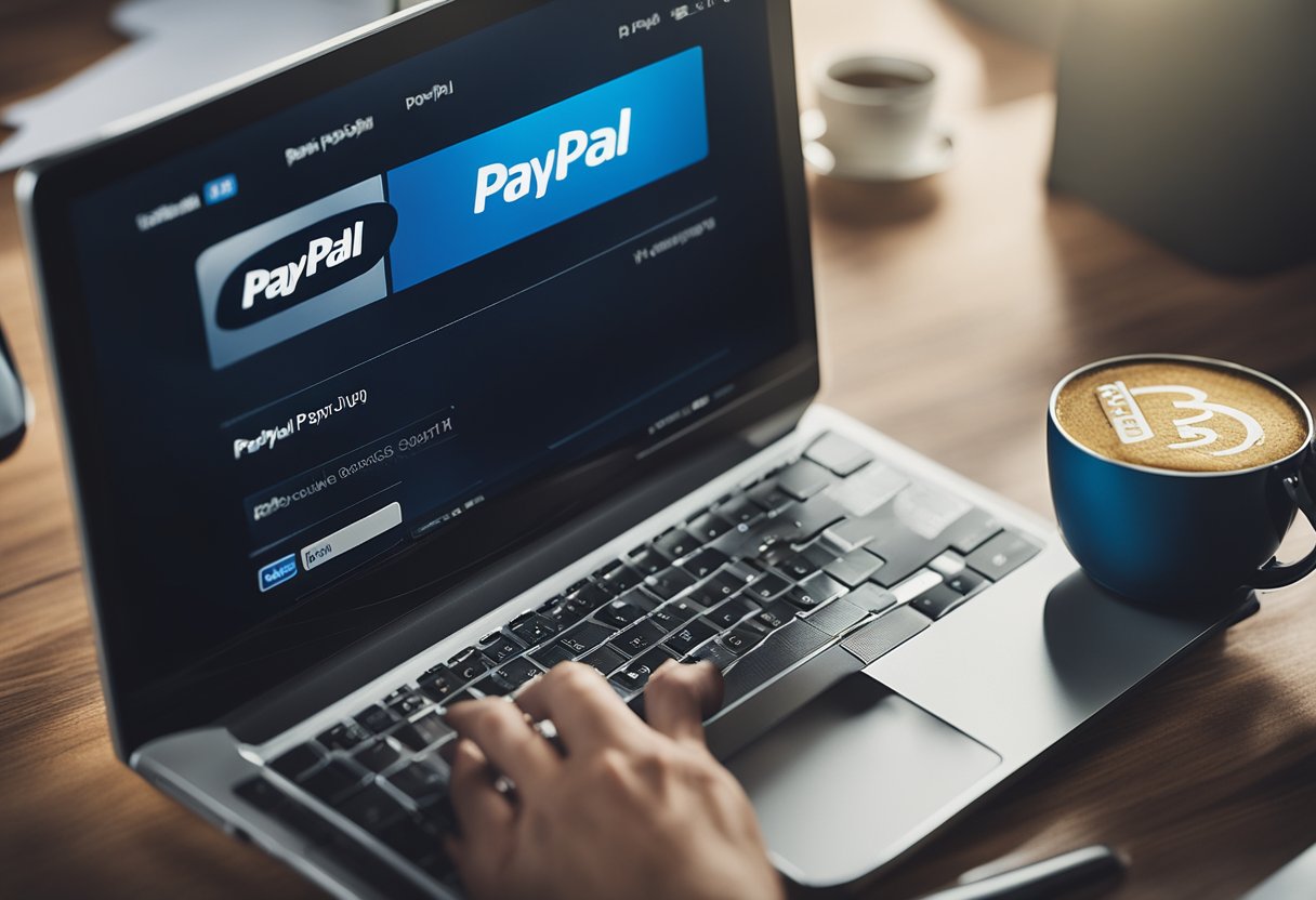 Uma tela de computador exibindo o site do PayPal com um cursor do mouse clicando no botão "Inscrever-se". Documentos necessários dispostos ao lado do computador. PayPal pagamento online