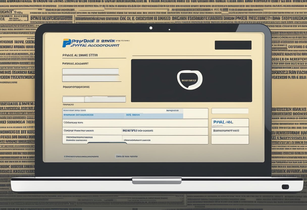 Uma tela de computador exibindo o site do PayPal com um formulário para criar uma conta, ao lado de documentos como um passaporte e um extrato bancário. PayPal pagamento online