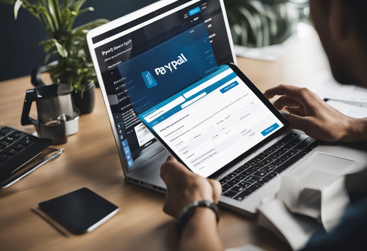 Um laptop aberto na página do PayPal, com uma pessoa preenchendo o formulário de criação de conta. Documentos necessários e uma caneta estão por perto. PayPal pagamento online