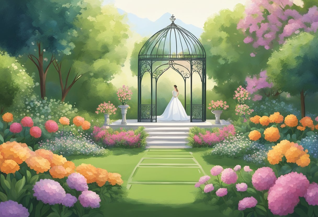 Um jardim sereno com um altar de casamento de um lado e uma figura solitária do outro, cercado por flores em flor e uma atmosfera pacífica.