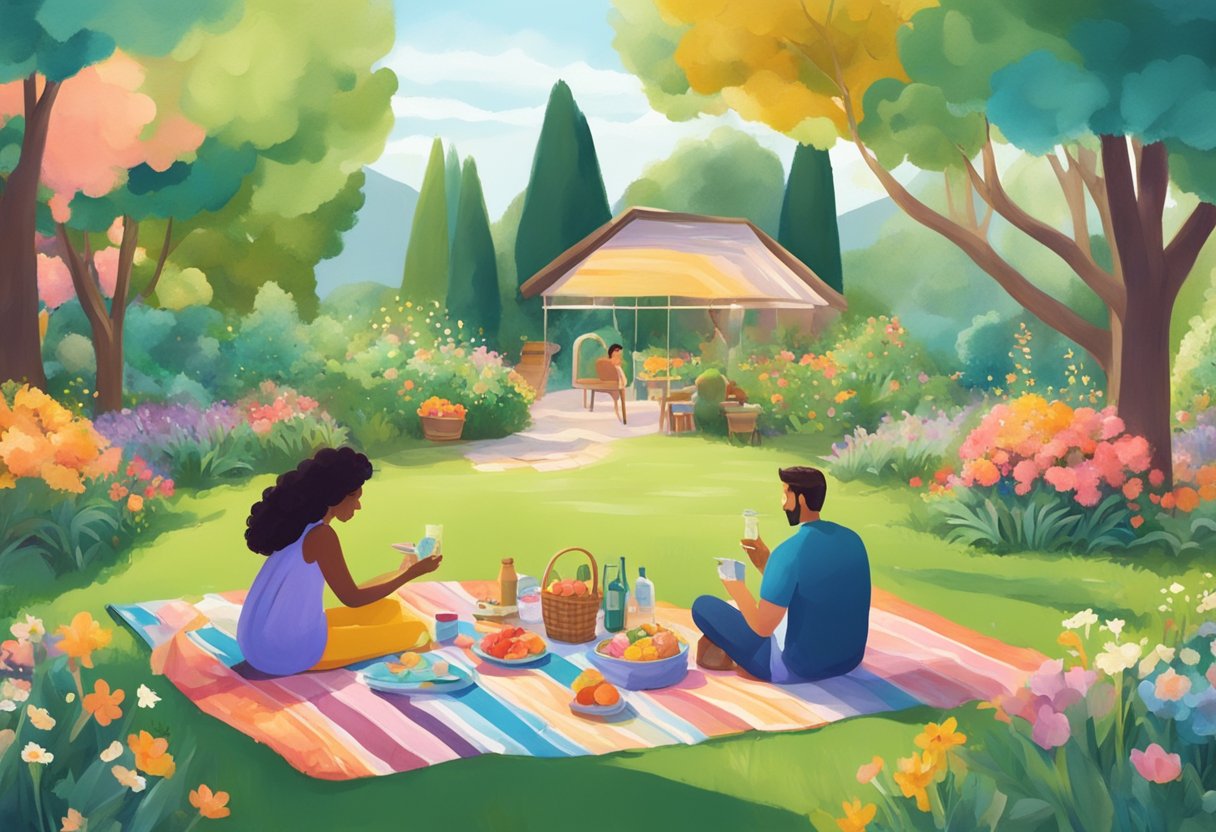 Um casal fazendo piquenique em um jardim colorido e fantasioso, com uma variedade de atividades de encontro únicas, como pintura, artesanato e observação de estrelas.