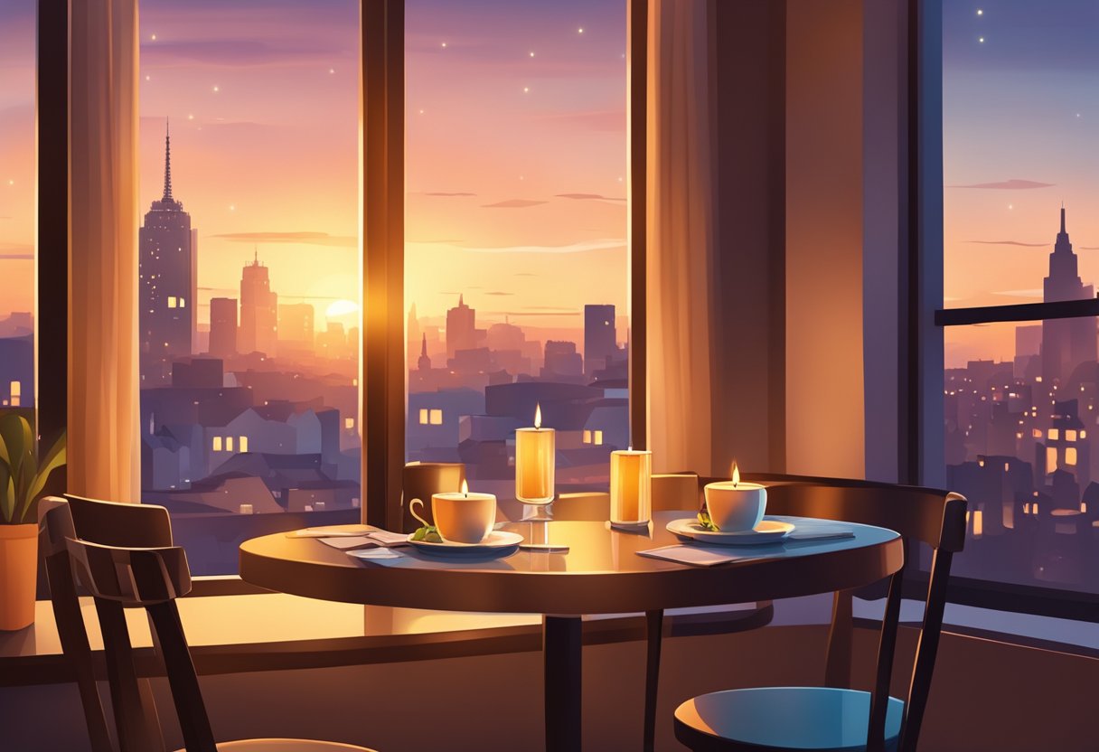 Um café aconchegante com iluminação suave, uma mesa posta para dois com uma vela tremulante e uma vista de um pôr do sol romântico sobre o horizonte da cidade.