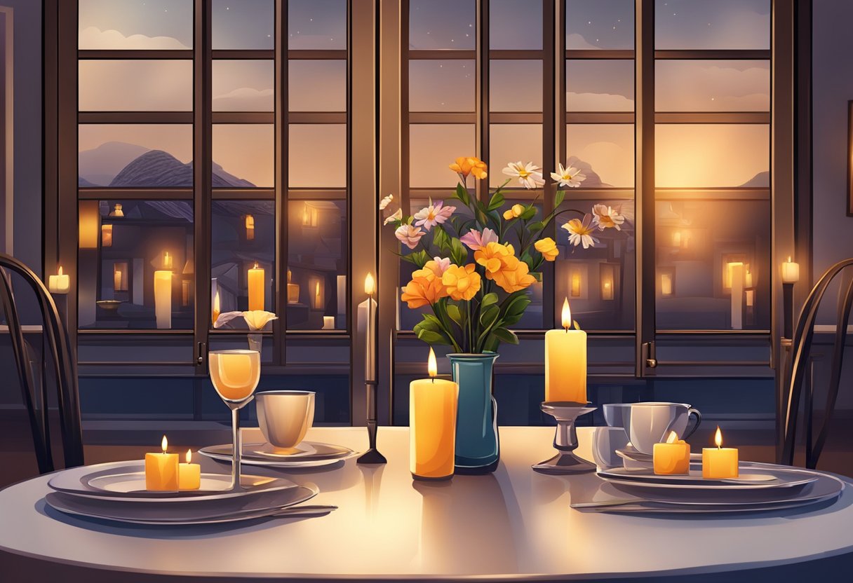 Uma mesa aconchegante para dois, decorada com velas e flores em um restaurante com iluminação suave.