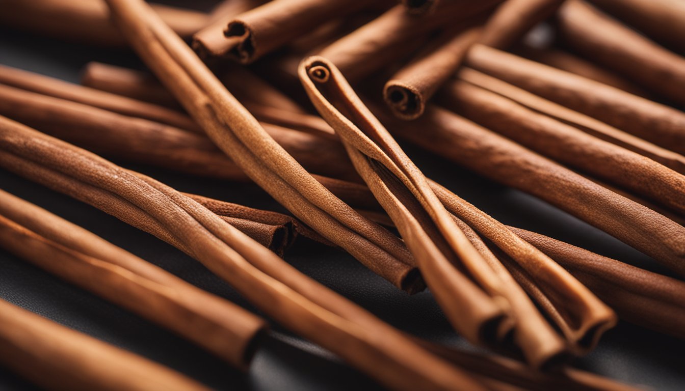 Cinnamon sticks, curled and textured, in close-up detail