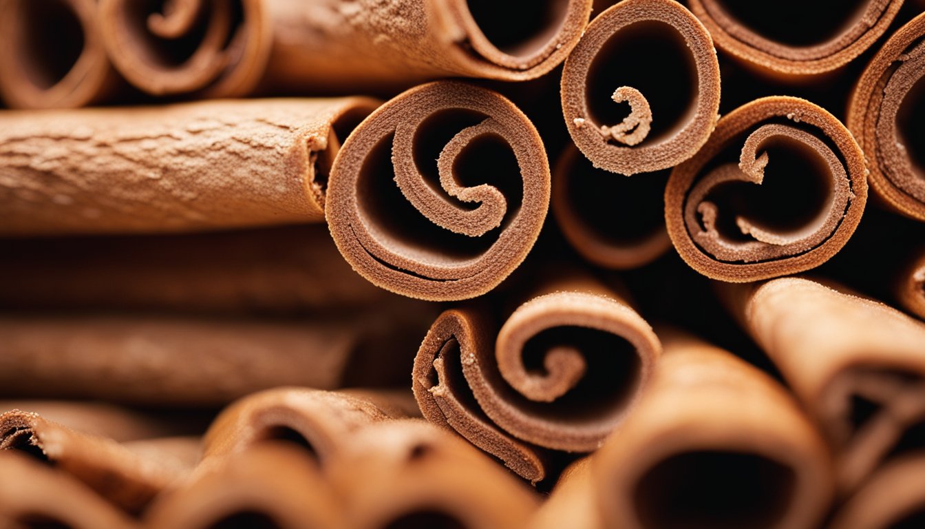 Cinnamon sticks curl and display textured bark in a close-up