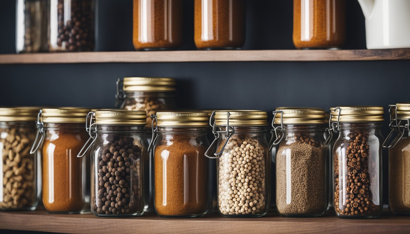 A neatly organized spice rack with labeled jars of cinnamon, star anise, cloves, and black peppercorns. Cozy kitchen with warm lighting