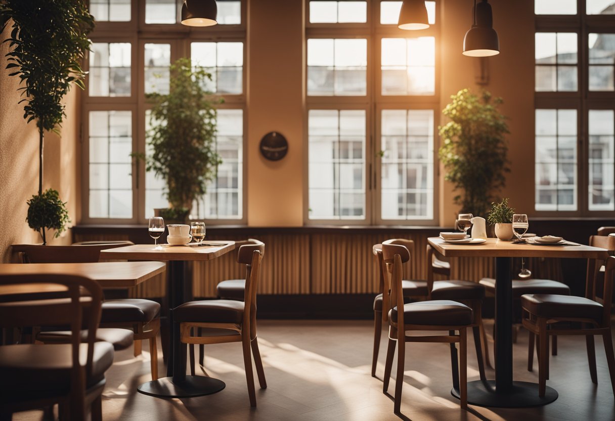 Um café aconchegante com duas mesas, uma preparada para um casal e a outra para uma pessoa sozinha. A iluminação suave e as cores quentes criam uma atmosfera acolhedora.