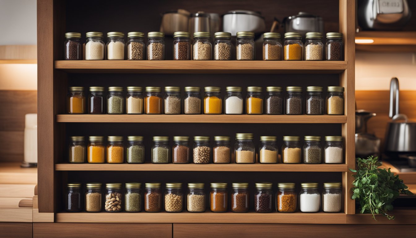 A neatly organized wooden spice rack with various jars of spices, highlighting the rich flavors they bring to cooking in a cozy, warmly lit kitchen