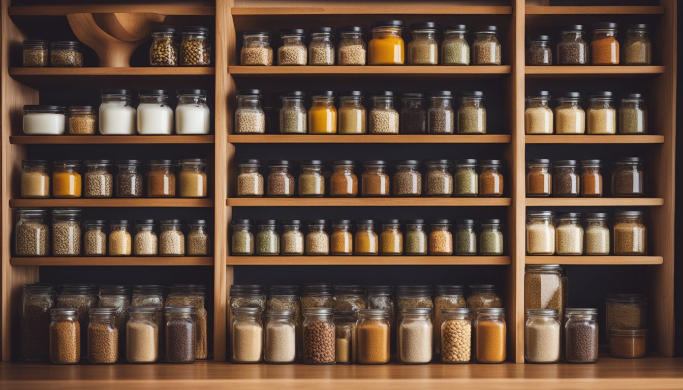 A neatly organized wooden spice rack with diverse spices, set in a cozy, warmly lit kitchen