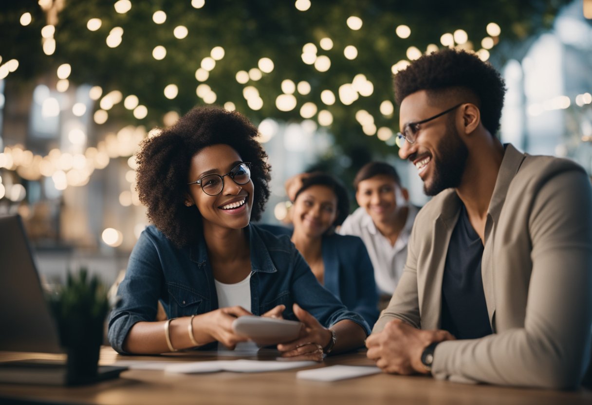 Um casal e uma pessoa solteira participam de um tutorial sobre manutenção de relacionamentos, enquanto uma terceira pessoa observa durante um encontro.