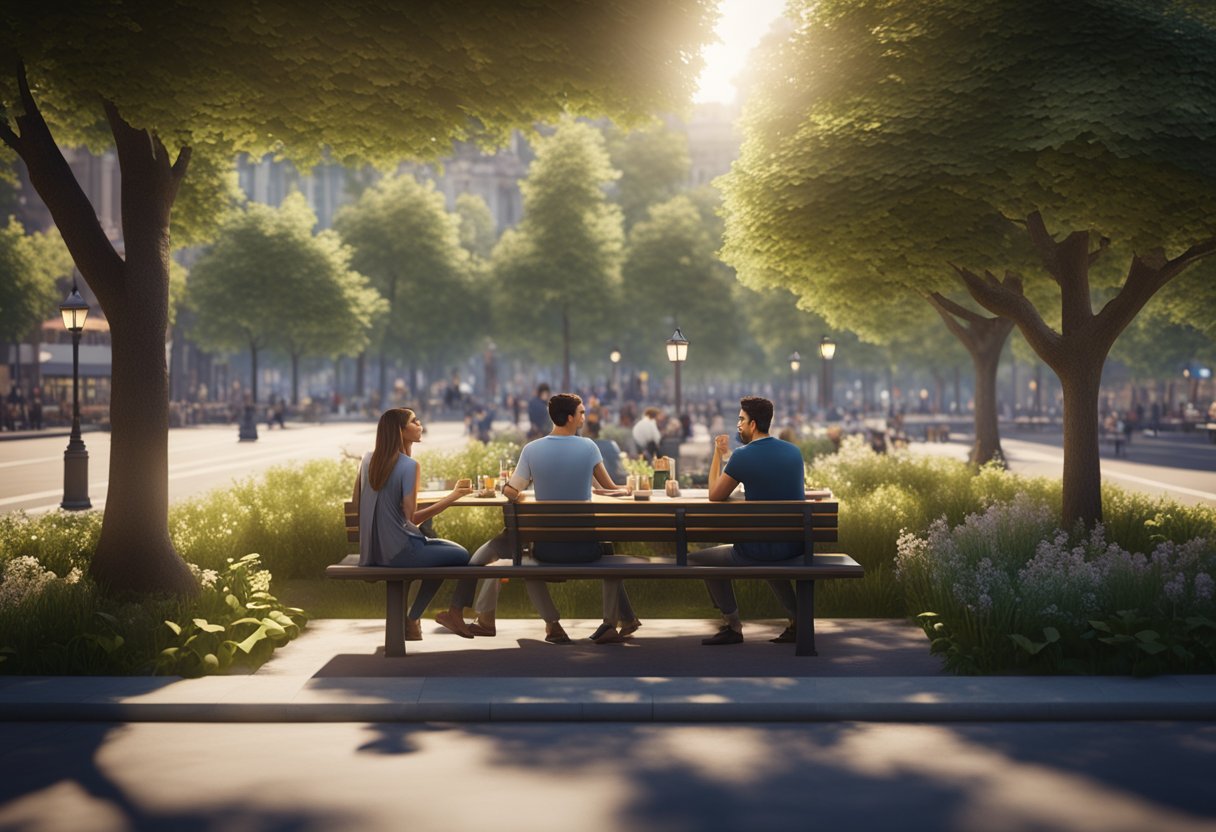 Um casal sentado em um banco de parque, uma pessoa sozinha lendo sob uma árvore, um grupo de amigos rindo juntos e um casal desfrutando de um jantar romântico em um restaurante.