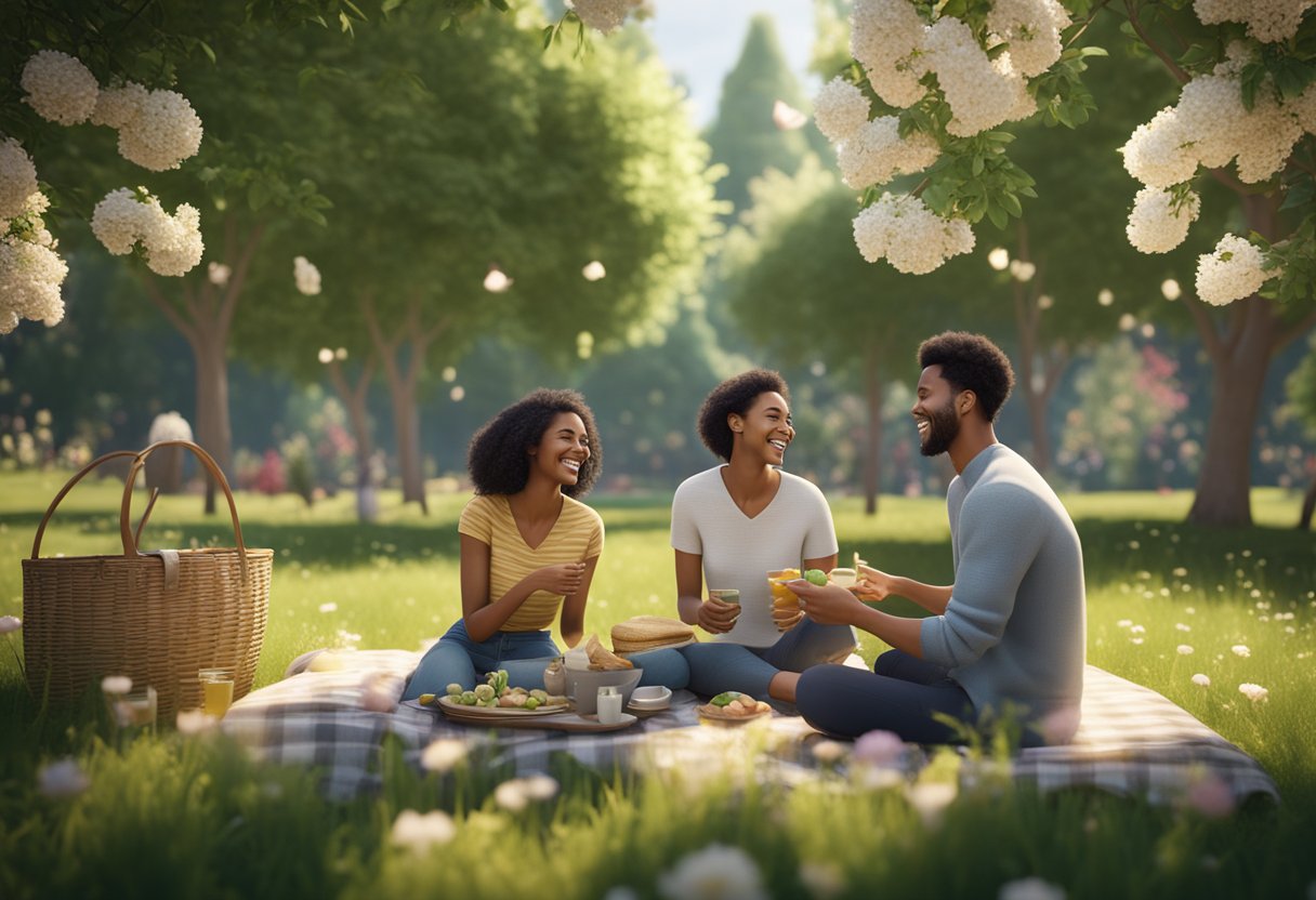 Um casal desfrutando de um piquenique em um parque sereno, cercado por uma vegetação exuberante e flores em flor, enquanto riem e compartilham conversas íntimas.