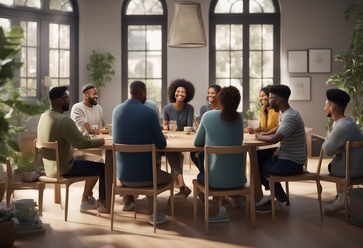 Um grupo de indivíduos diversos se reuniu em torno de uma mesa, engajados em conversas e risadas, com uma atmosfera descontraída e amigável.