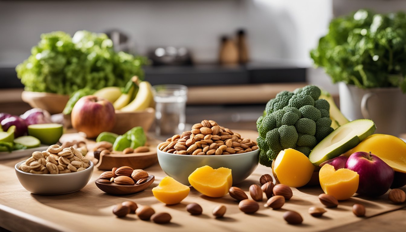 A vibrant kitchen scene with Cholesterol Pro™, fresh produce, and nuts on a wooden table, emphasizing a balanced diet and cardiovascular health