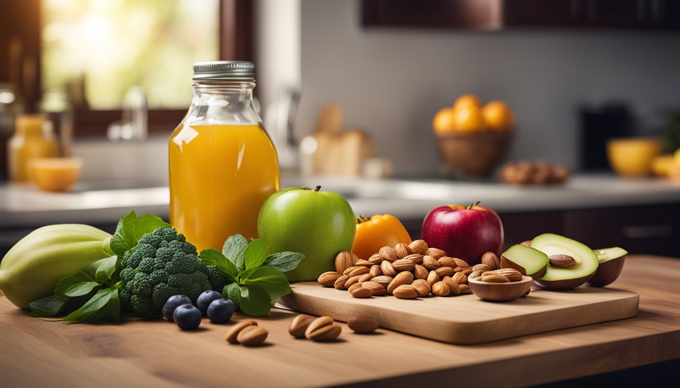 A vibrant kitchen scene with Cholesterol Pro™ bottle, fresh produce, and nuts on a wooden table, emphasizing a balanced diet for cardiovascular health