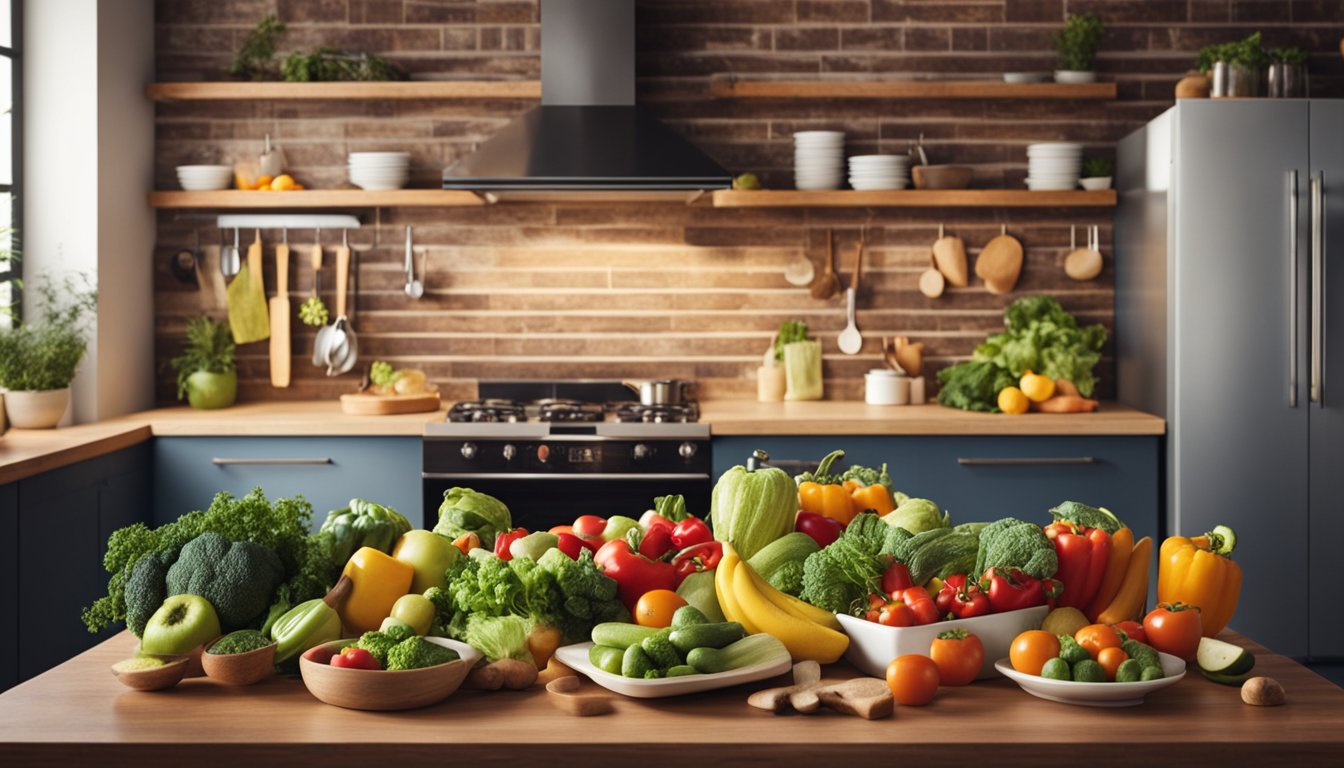 A vibrant kitchen scene with Cholesterol Pro™ and fresh produce on a wooden table, promoting a healthy lifestyle for cardiovascular health