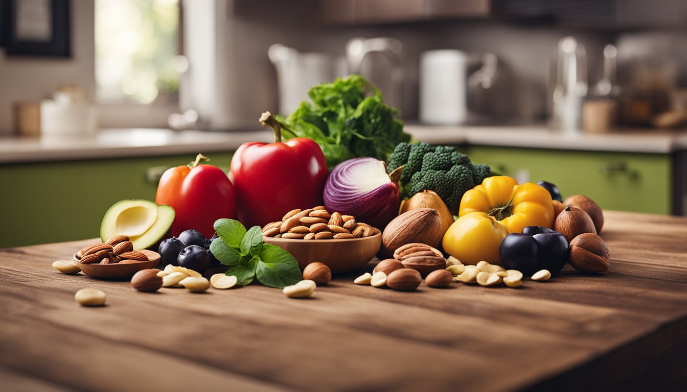 A vibrant kitchen scene with Cholesterol Pro™, fresh produce, and nuts on a wooden table, emphasizing the importance of a balanced diet and supplements for heart health