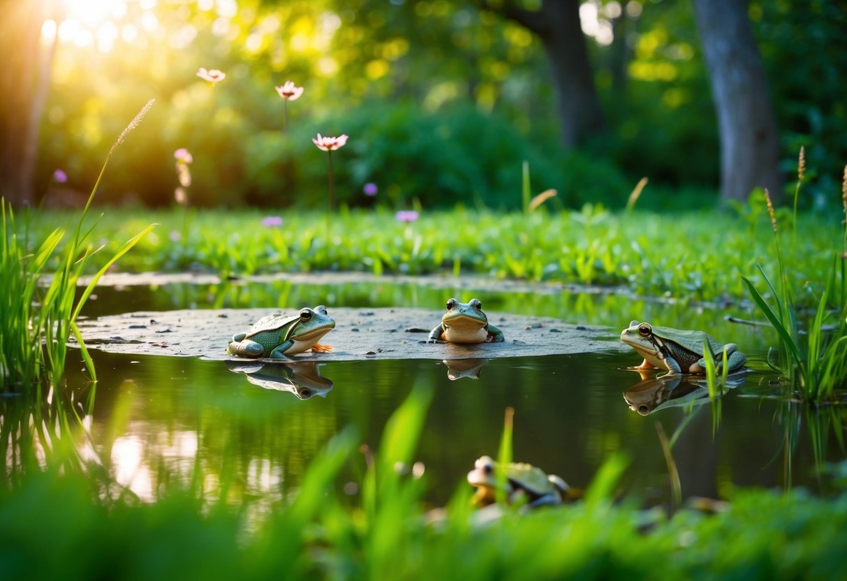 A serene pond surrounded by lush greenery, with a gentle breeze and warm sunlight filtering through the trees. Frogs and toads are visible, exhibiting various behaviors such as mating calls and hunting