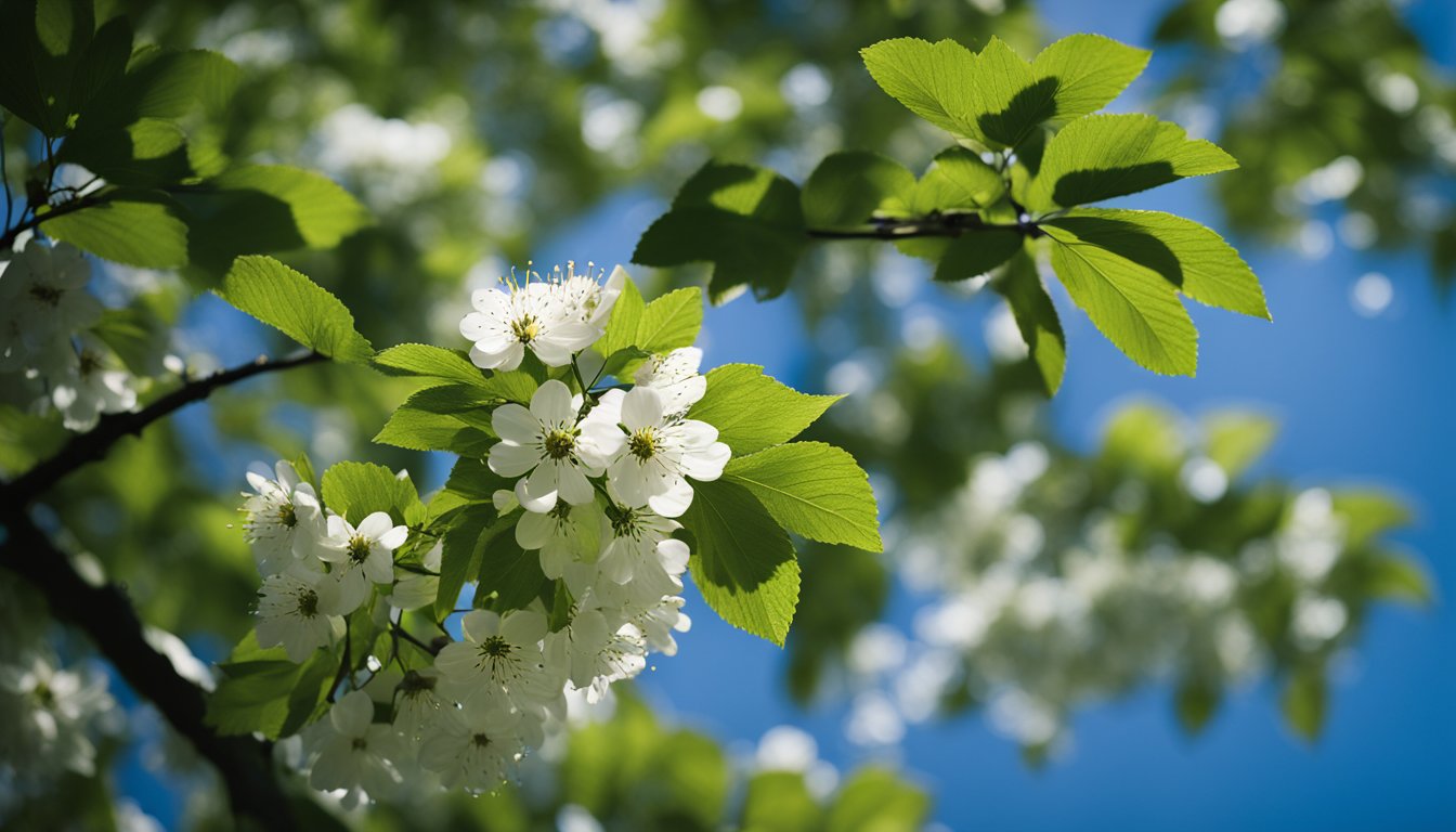 A mature wild cherry tree stands amidst lush greenery, its dark bark and serrated leaves contrasting against a clear blue sky. The focus is on the tree’s natural habitat, highlighting the source of wild cherry bark