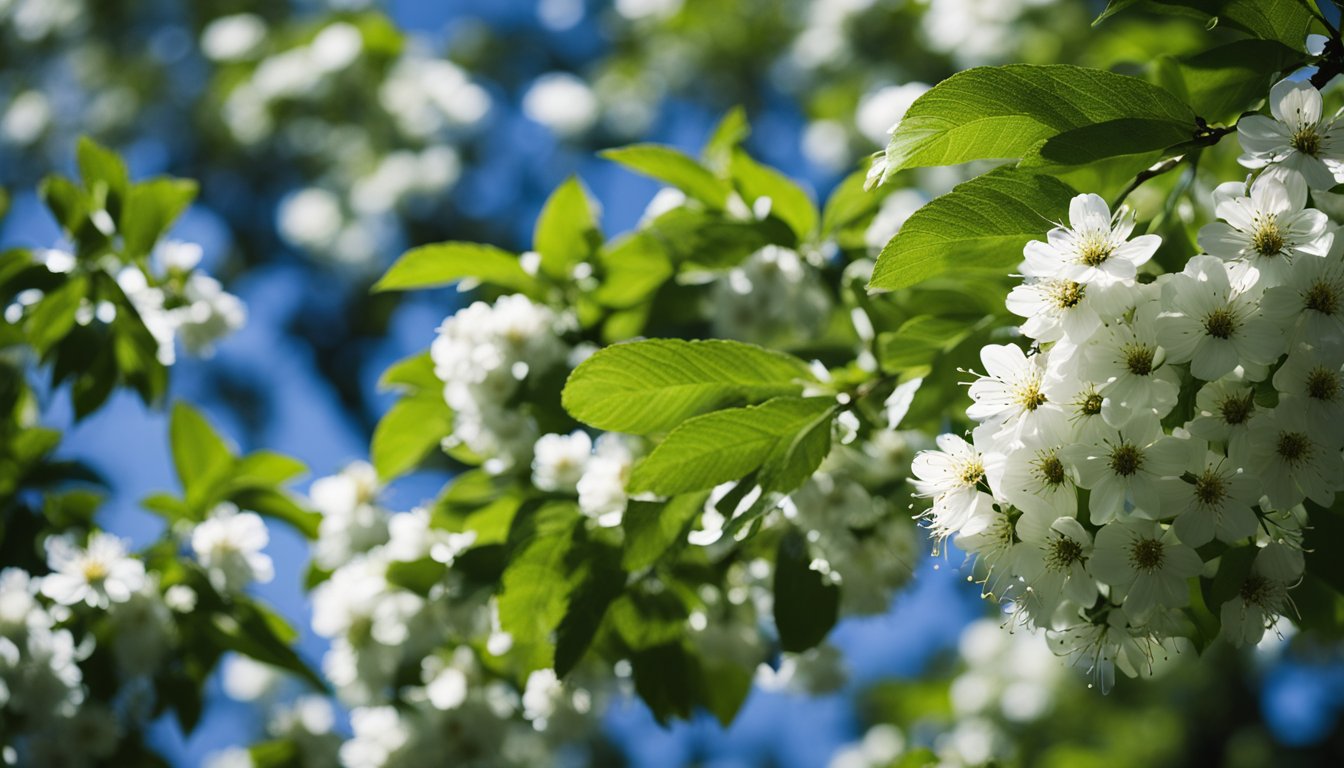 A mature wild cherry tree stands amidst lush greenery and wildflowers, its dark bark and serrated leaves contrasting against a clear blue sky