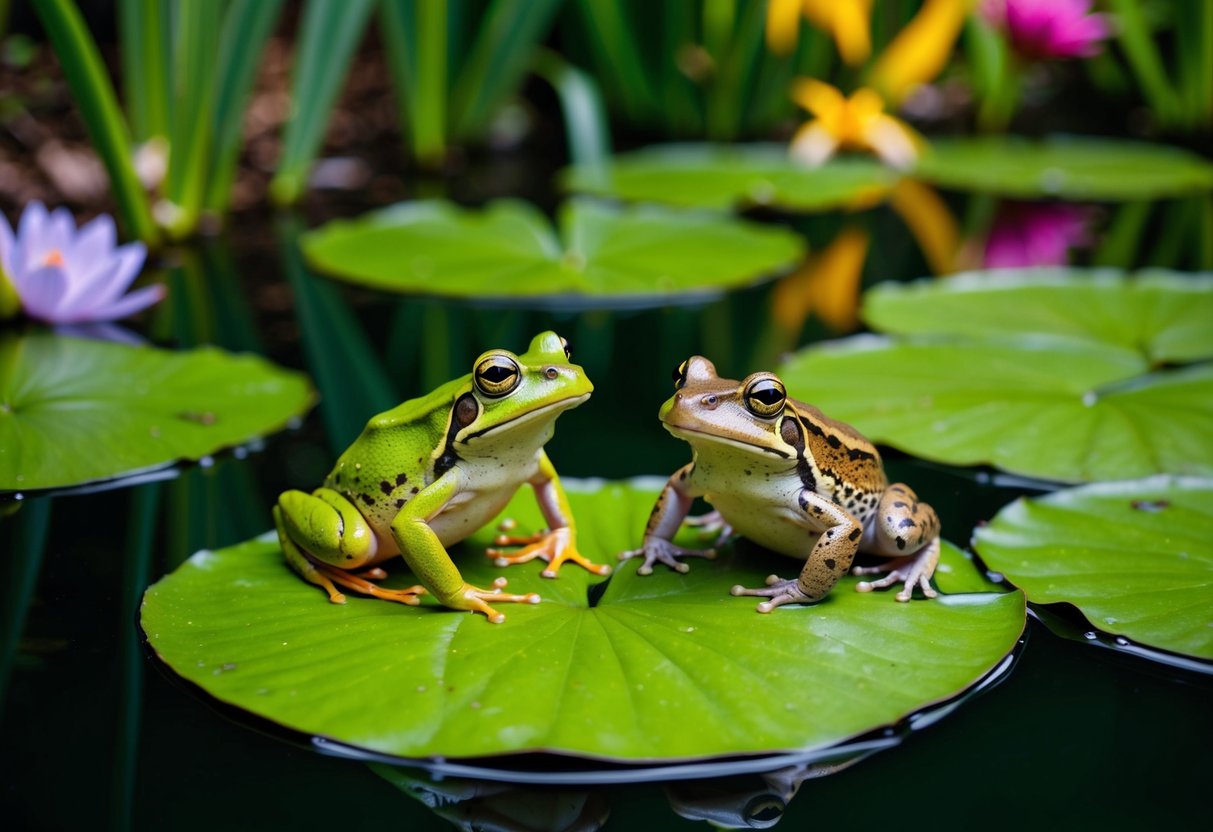 A frog and a toad sit on a lush green lily pad in a tranquil pond, surrounded by vibrant plants and flowers. The photographer stands at a respectful distance, capturing the animals in their natural habitat
