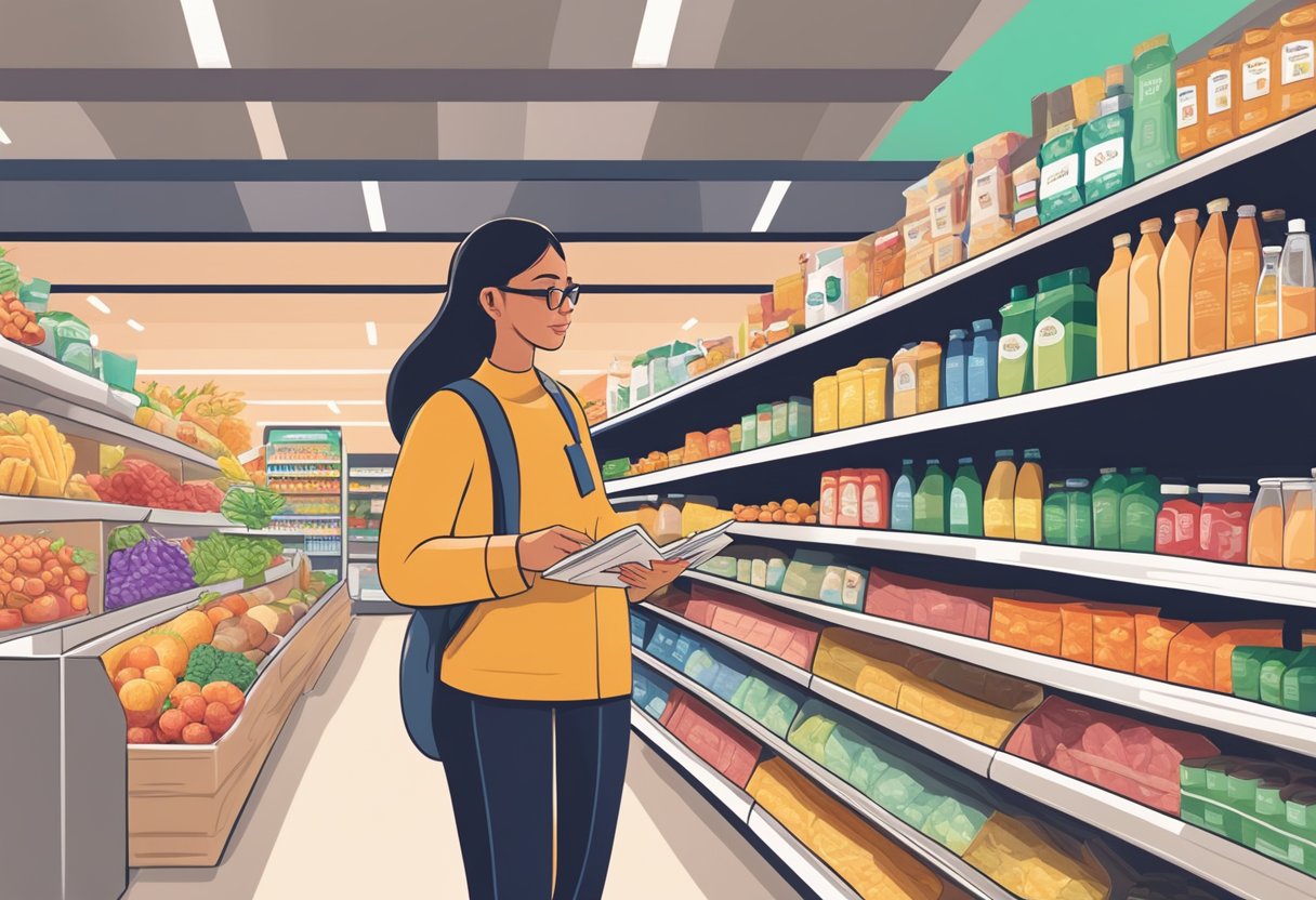 A person browsing a grocery store aisle filled with keto-friendly products, carefully reading nutrition labels and comparing prices