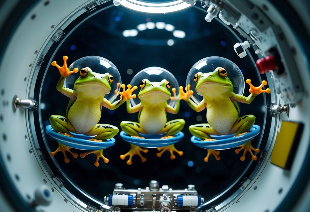 A group of frogs floating in a zero-gravity environment, surrounded by scientific equipment and space technology. They are wearing small, clear helmets and appear to be observing their surroundings with curiosity