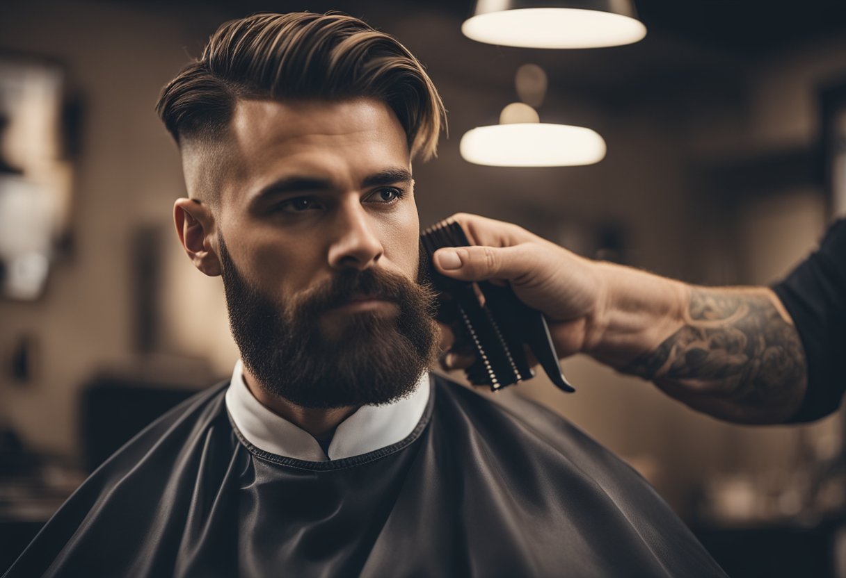 A barber trimming hair with scissors and a comb