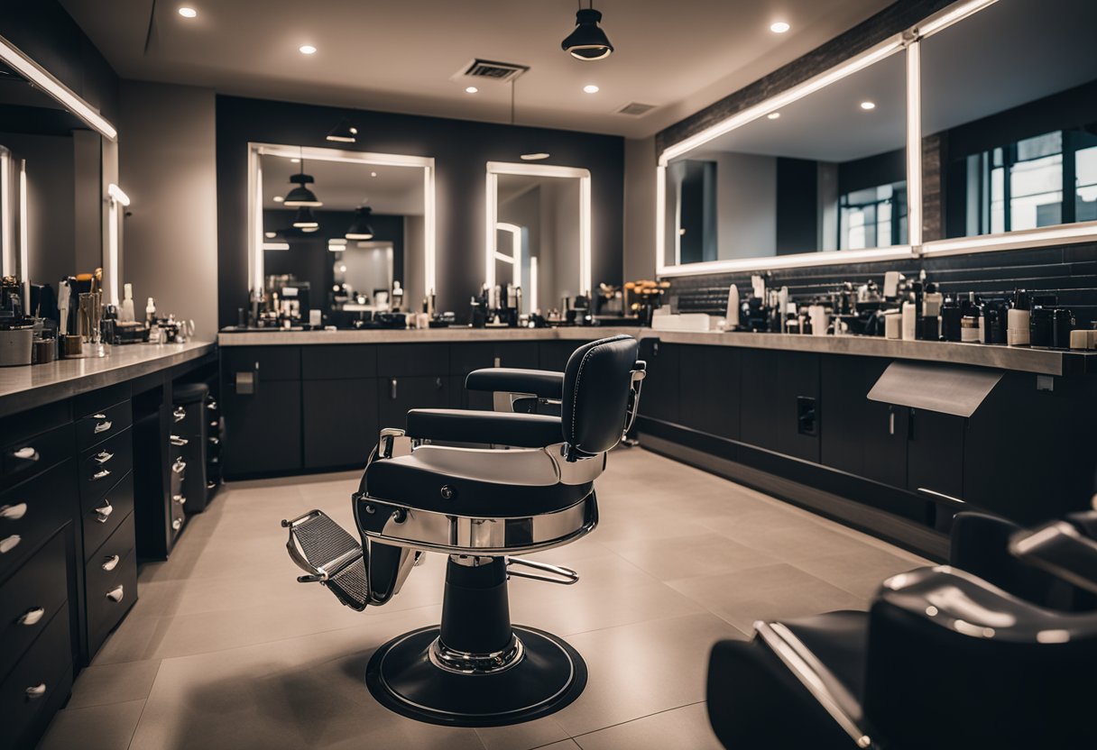 A barber chair with a cape draped over it, surrounded by various hair cutting tools and products on a sleek, modern salon station