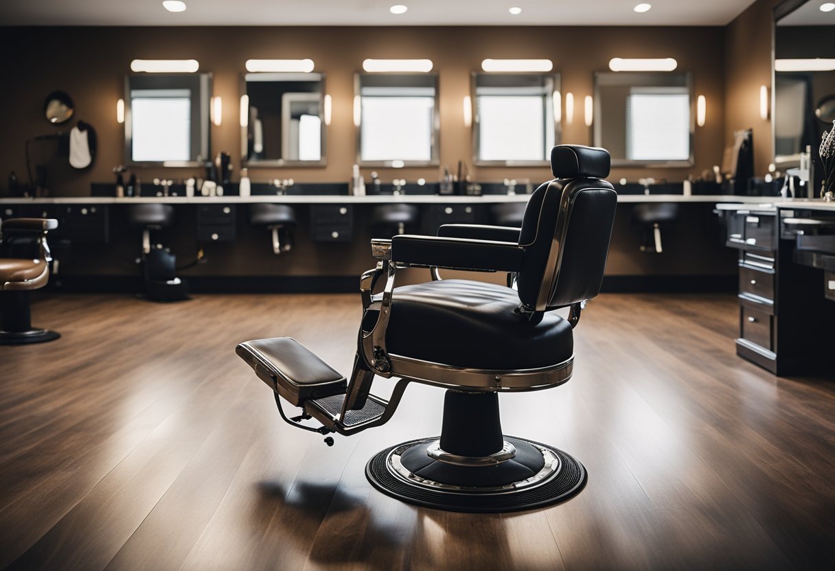 A barber chair surrounded by tools and mirrors, with a cape draped over the chair and a haircutting apron hanging nearby