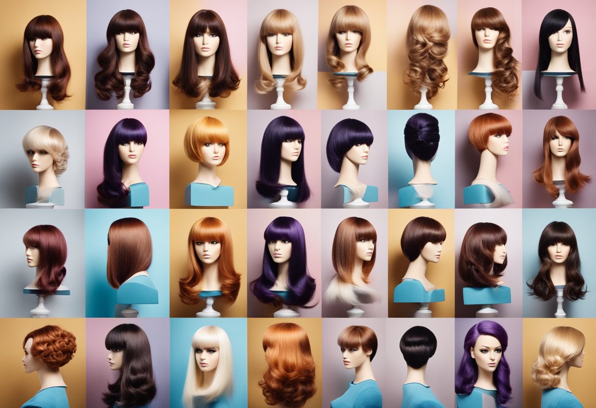 A collection of various hairstyles arranged on mannequin heads