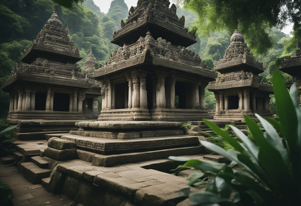 An ancient temple with intricate carvings and symbols, surrounded by lush vegetation and traditional artifacts