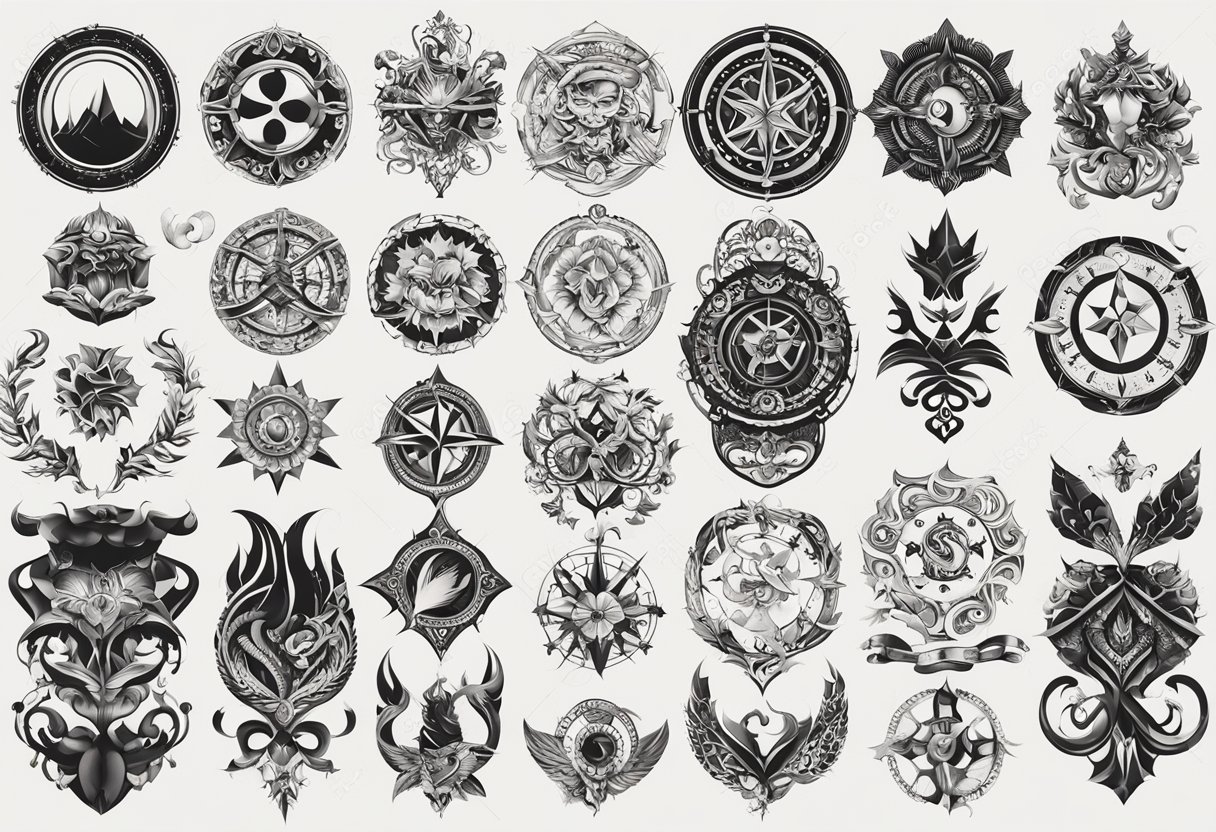 A collection of various tattoo styles and techniques displayed on a clean, white background