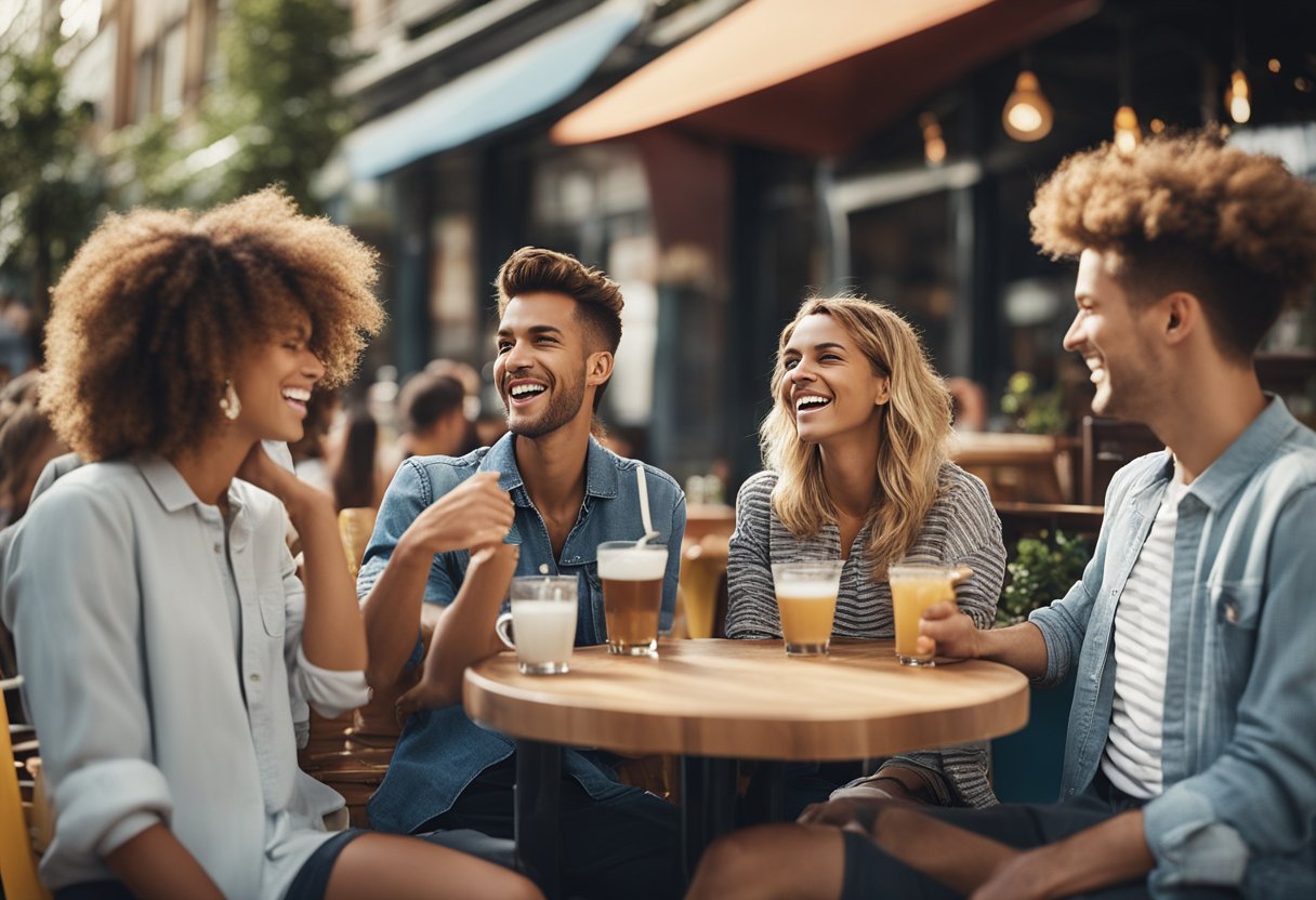 A group of young people with trendy hairstyles laughing and chatting at a vibrant outdoor cafe