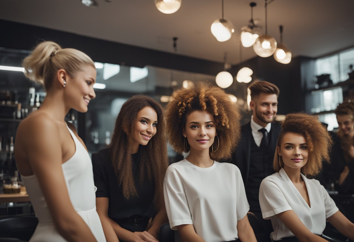 A group of young people gathered at a trendy salon, each with a unique and stylish hairstyle. The atmosphere is vibrant and full of energy as they discuss and admire each other's hair